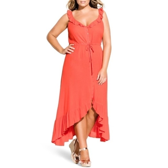 City Chic High Low Tigerlily Ruffle Maxi Dress Size 14 XS Feminine Vacation Sexy - Picture 2 of 15